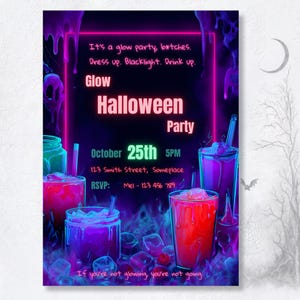 Halloween glow party invitation neon blacklight canva template editable spooky gothic invite adult party