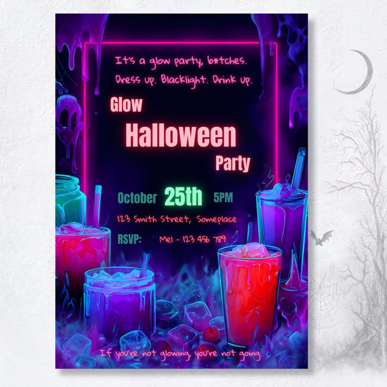 Halloween glow party invitation neon blacklight canva template editable spooky gothic invite adult party