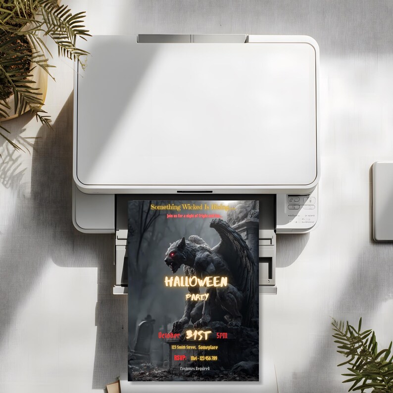 Gothic Halloween party invitation printing from a home printer, 5x7 printable Canva template, 300 DPI high resolution