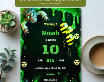 Radioactive Birthday Invitation Template, Mad Scientist Party Invite, Editable Canva Template, Science Birthday