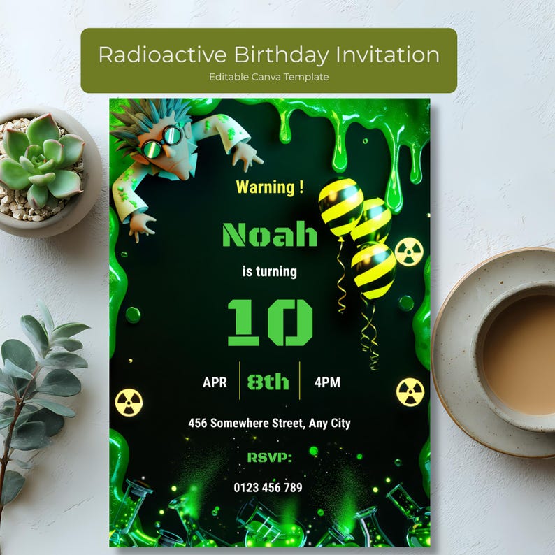 Editable radioactive birthday invitation template with neon green slime, mad scientist character, hazard symbols, glowing laboratory flasks, and black yellow balloons