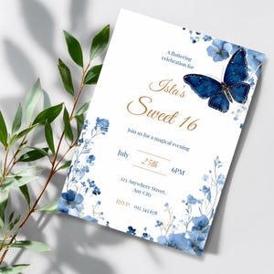 Close-up of watercolor blue floral border and gold accent details on Sweet 16 invitation, elegant and airy design