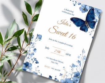 Butterfly Invitation Sweet 16 Royal Blue, Floral Butterfly Birthday Party Invitation, Editable Canva Template, Watercolor Floral Invite