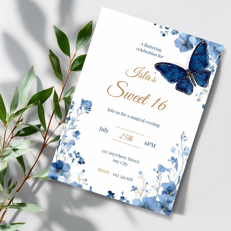 Close-up of watercolor blue floral border and gold accent details on Sweet 16 invitation, elegant and airy design