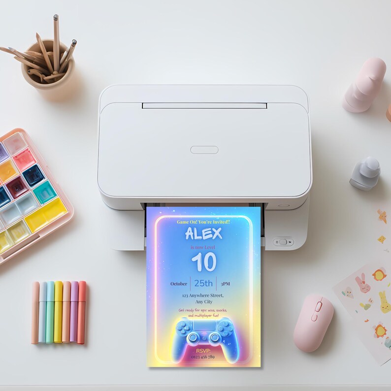 Arcade birthday invitation printing from a home printer, DIY printable gamer party invite