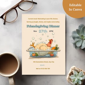 Funny turkey invitation card styled on a desk with glasses, coffee and succulents, editable in Canva text overlay