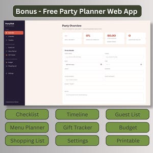 Free bonus party planner web app dashboard with checklist, timeline, guest list, menu planner, gift tracker, budget, shopping list and settings, included with the invitation.