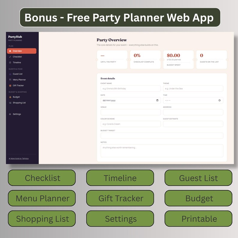 Free bonus party planner web app dashboard with checklist, timeline, guest list, menu planner, gift tracker, budget, shopping list and settings, included with the invitation.