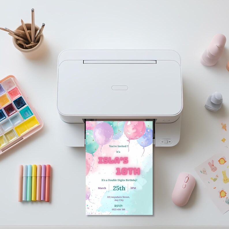 Printable 10th birthday invitation, easy to print at home, pastel balloon editable digital download