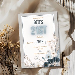 May include: A birthday invitation with the text "BEN'S 21ST Birthday" in a light blue font. The invitation includes the date "October 25th" and the time "3PM". Floral accents in white and blue decorate the edges.