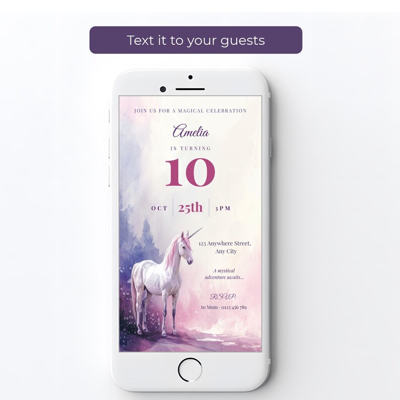 Unicorn birthday evite on a smartphone screen, ready to text to guests, purple watercolor unicorn design