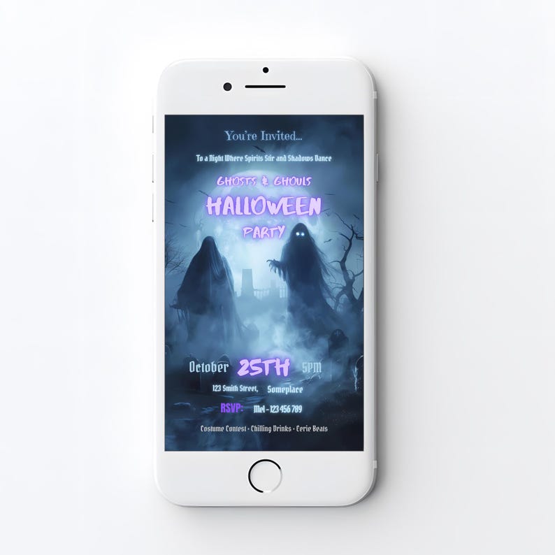Phone mockup of invite | Halloween party invitation mobile version 1080x1920 for Instagram Stories and WhatsApp, gothic ghost design