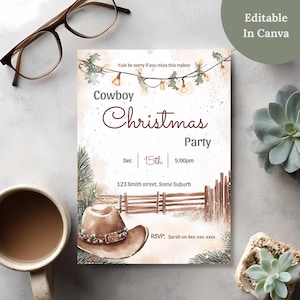 Editable cowboy Christmas party invitation with free 18-page party planner bonus, rustic western holiday invite flat lay on a textured background