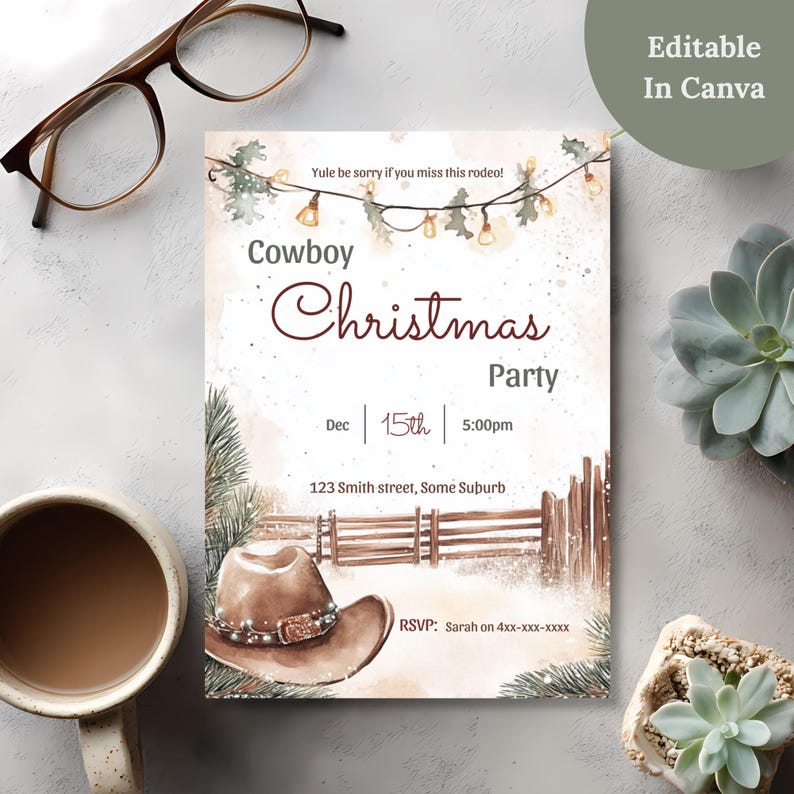 Editable cowboy Christmas party invitation with free 18-page party planner bonus, rustic western holiday invite flat lay on a textured background