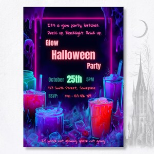 Editable halloween glow party invitation canva template gothic neon aesthetic blacklight party invite