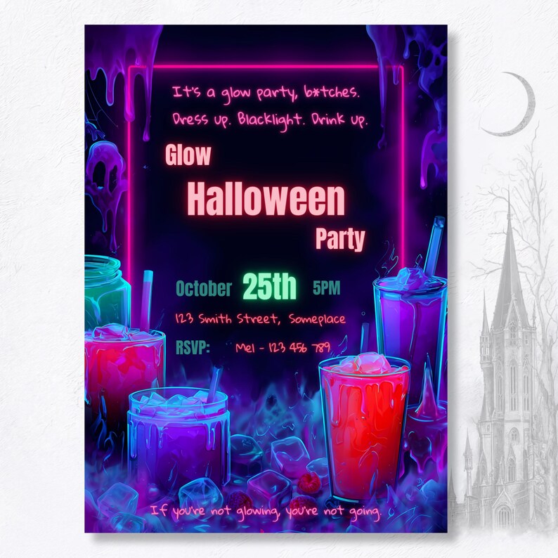 Editable halloween glow party invitation canva template gothic neon aesthetic blacklight party invite