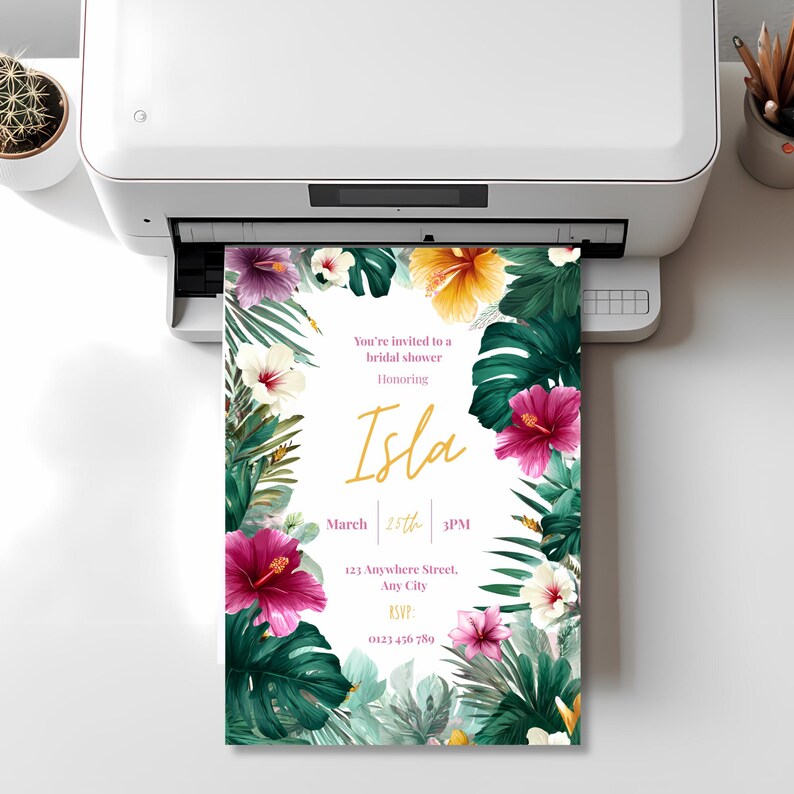 Canva editable bridal shower invitation template displayed on laptop screen, tropical destination theme design