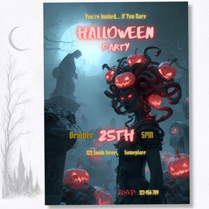 5x7 Halloween party invitation print-ready template, Medusa with jack-o-lantern snake hair, graveyard moonlit background, Canva editable