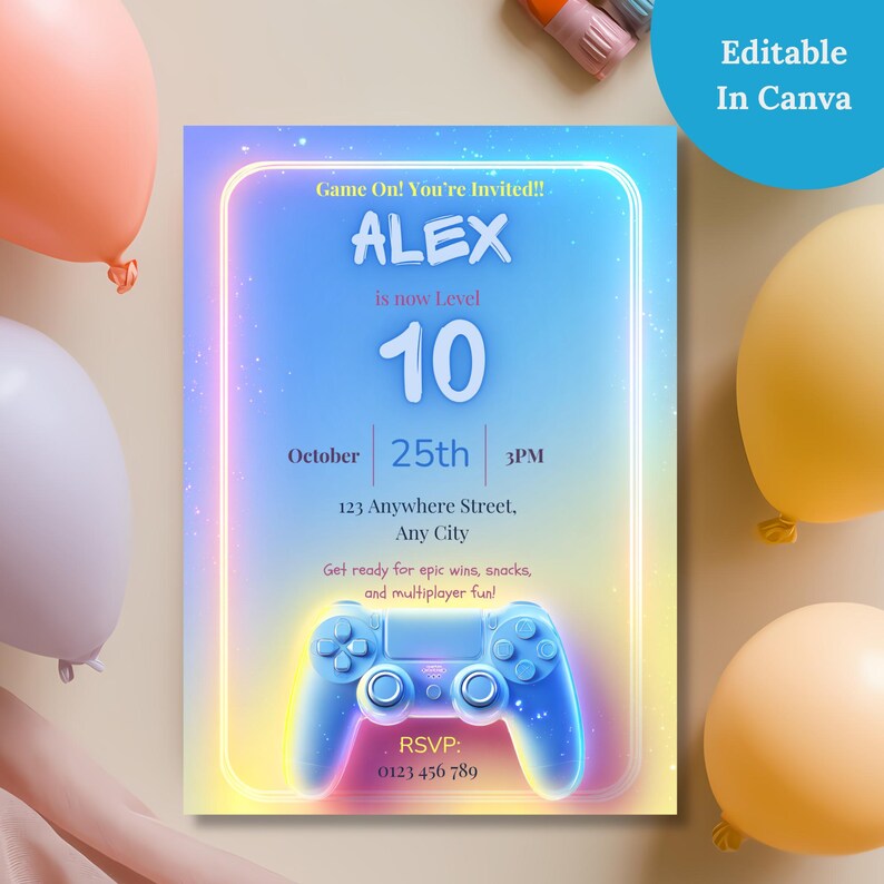 Editable arcade birthday invitation in Canva, neon video game party invite flat lay with balloons