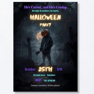 Editable Halloween party invite Canva template, 5x7 inch, horror cinematic design with jack-o-lantern pumpkin head figure in moonlit graveyard, digital download