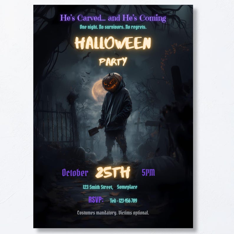 Editable Halloween party invite Canva template, 5x7 inch, horror cinematic design with jack-o-lantern pumpkin head figure in moonlit graveyard, digital download