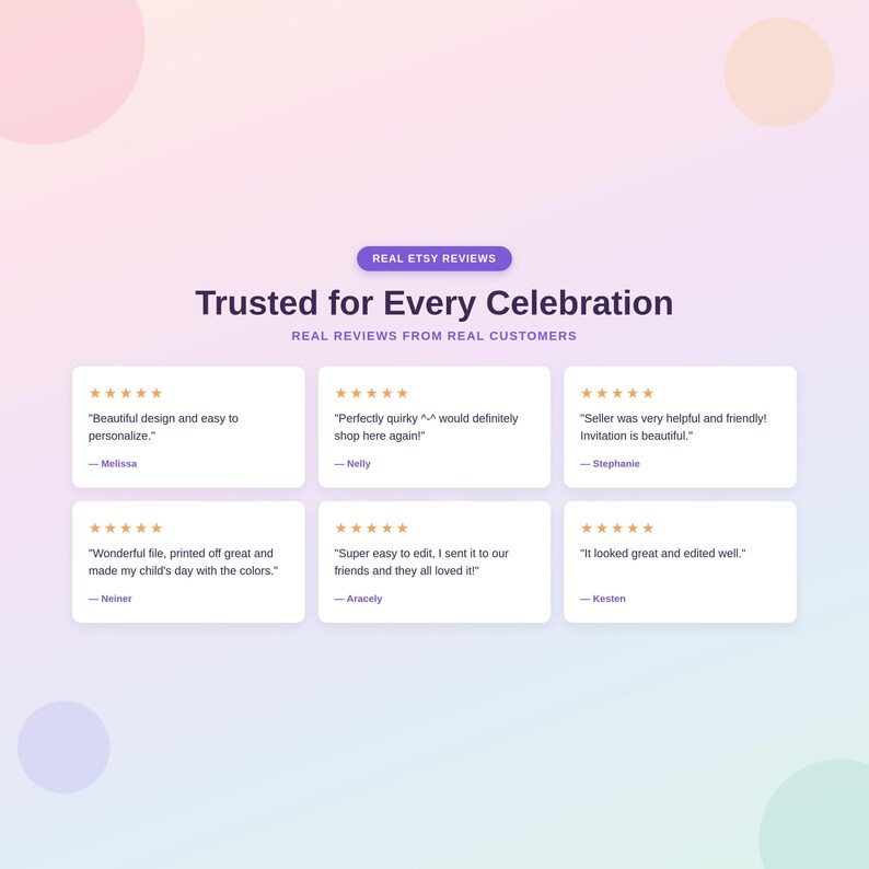 Real 5-star Etsy shop reviews from customers across our product range