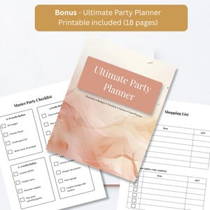 Bonus Ultimate Party Planner printable included free with the 95th birthday invitation, showing the 18-page planner cover alongside the Master Party Checklist and Shopping List pages