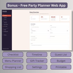 Free digital party planner web app bonus included with this bridal shower invitation, featuring guest list, budget, and gift tracker tools.