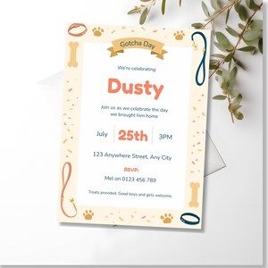 Printed dog Gotcha Day invitation styled with dried flowers, warm neutral tabletop display