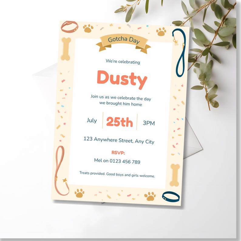 Printed dog Gotcha Day invitation styled with dried flowers, warm neutral tabletop display