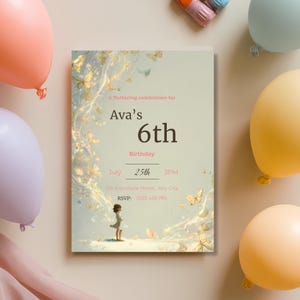 Butterfly birthday invitation template editable in Canva with magical pastel butterflies and gold accents for girls birthday party