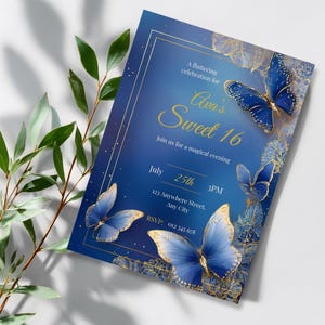 Royal blue Sweet 16 invitation featuring elegant gold-accented butterflies, editable Canva template