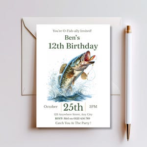 Fishing birthday invitation with matching envelope and pen, styled flat lay for mailing