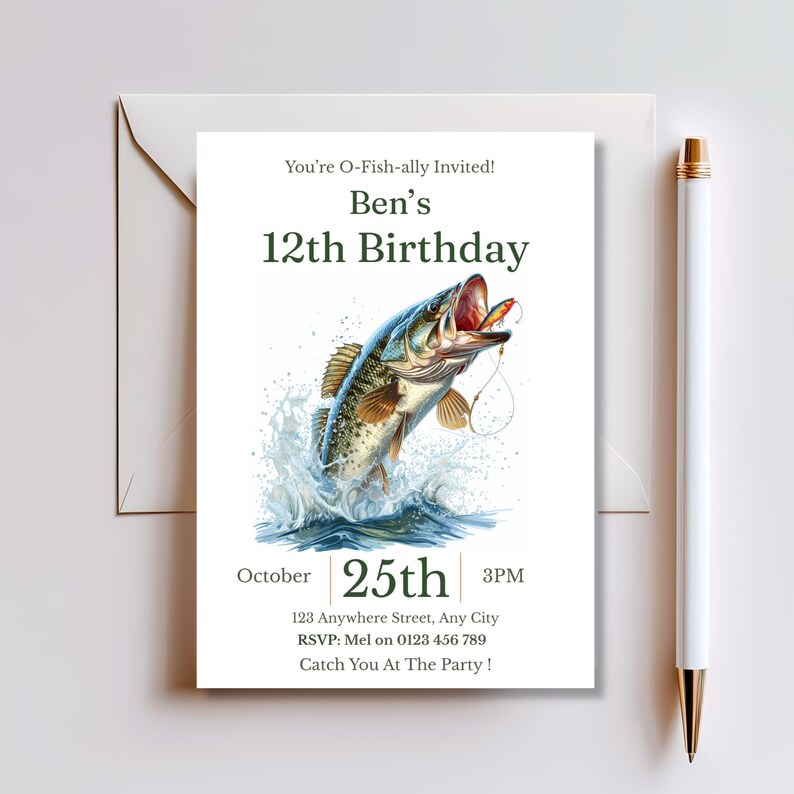 Fishing birthday invitation with matching envelope and pen, styled flat lay for mailing