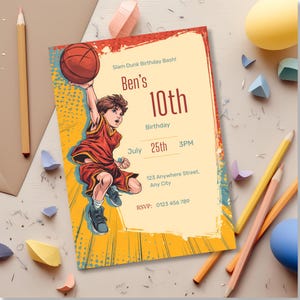 Editable basketball invitation mockup in bright, playful comic illustration, age 8–12 party theme.