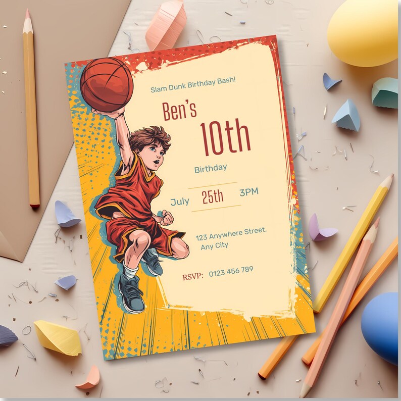 Editable basketball invitation mockup in bright, playful comic illustration, age 8–12 party theme.