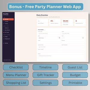 Free bonus digital party planner web app screenshot, PartyHub dashboard with checklist, timeline, guest list, budget, and shopping list tools