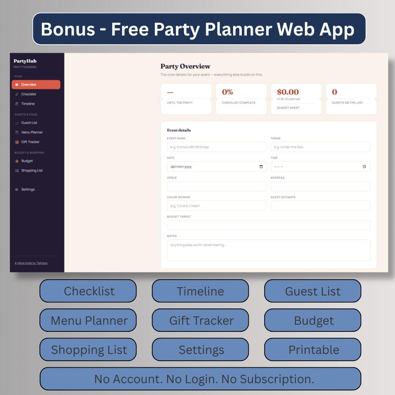 Free bonus party planner web app with checklist, timeline, guest list, menu planner, gift tracker, budget and shopping list, no account or login needed