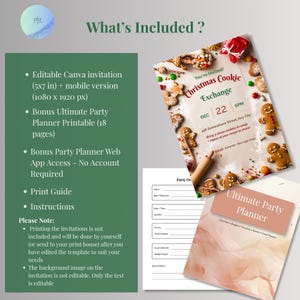 What’s included: editable Canva cookie exchange invitation in 5x7 and 1080x1920 phone sizes, free 18-page printable party planner, free party planner web app, print guide and instructions