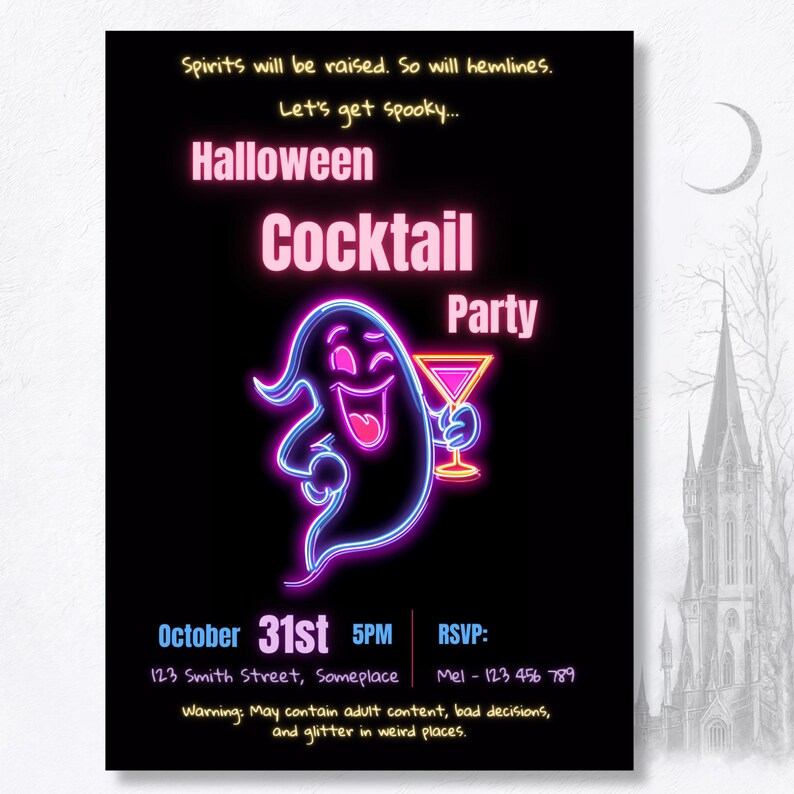 Funny adult Halloween party invitation neon ghost holding martini editable Canva template instant download spooky Halloween October 31