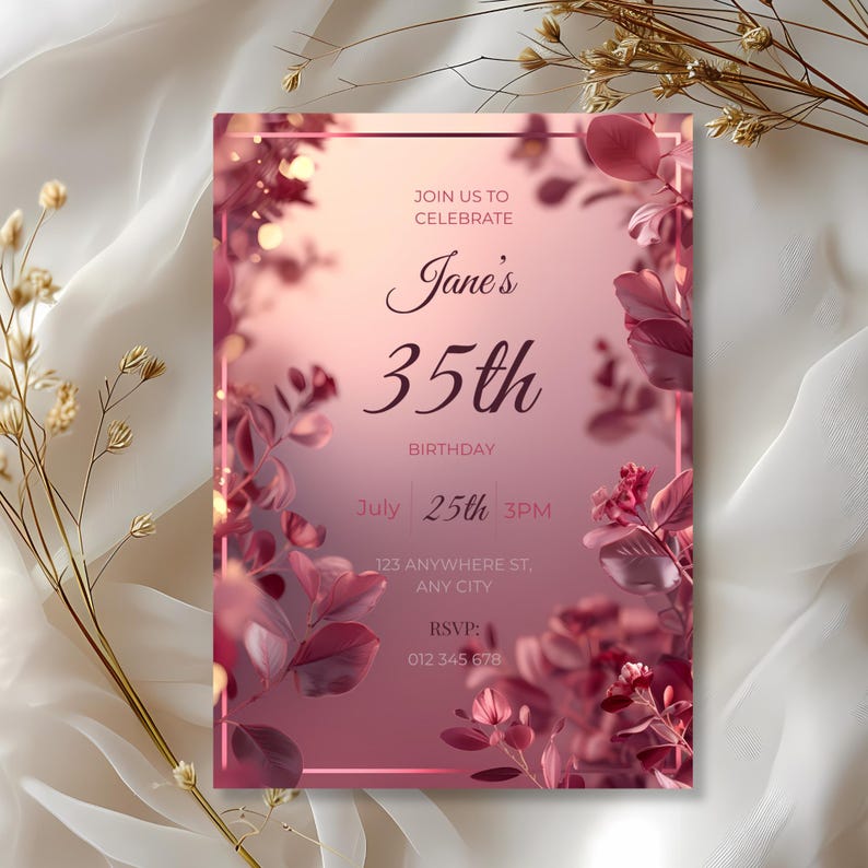 Close-up of floral elements and geometric frame on elegant pink birthday invitation.