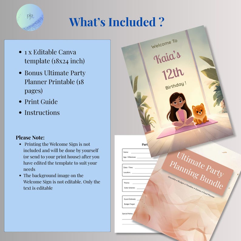 Digital product preview showing puppy yoga birthday welcome sign template along with a free bonus 18-page party planner PDF including checklist, budget tracker, and timeline sheets.