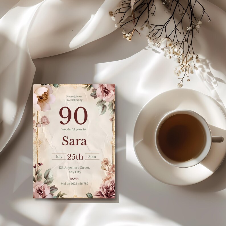 Elegant 90th Birthday Invitation • Editable Vintage Floral Template • Feminine Birthday Invite • Instant Download Printable image 3