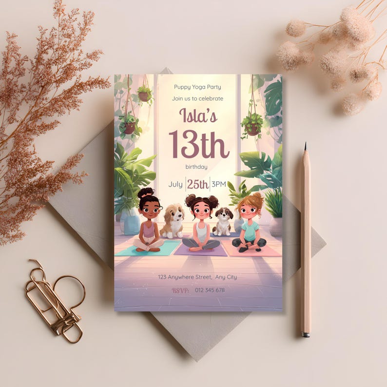 Pastel aesthetic puppy yoga birthday invitation featuring three girls meditating with dogs in a serene indoor setting, ideal for teen sleepover or wellness party