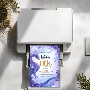 Purple dragon birthday invitation printing at home on a white printer, printable 5x7 watercolor fantasy invite for a girl's party