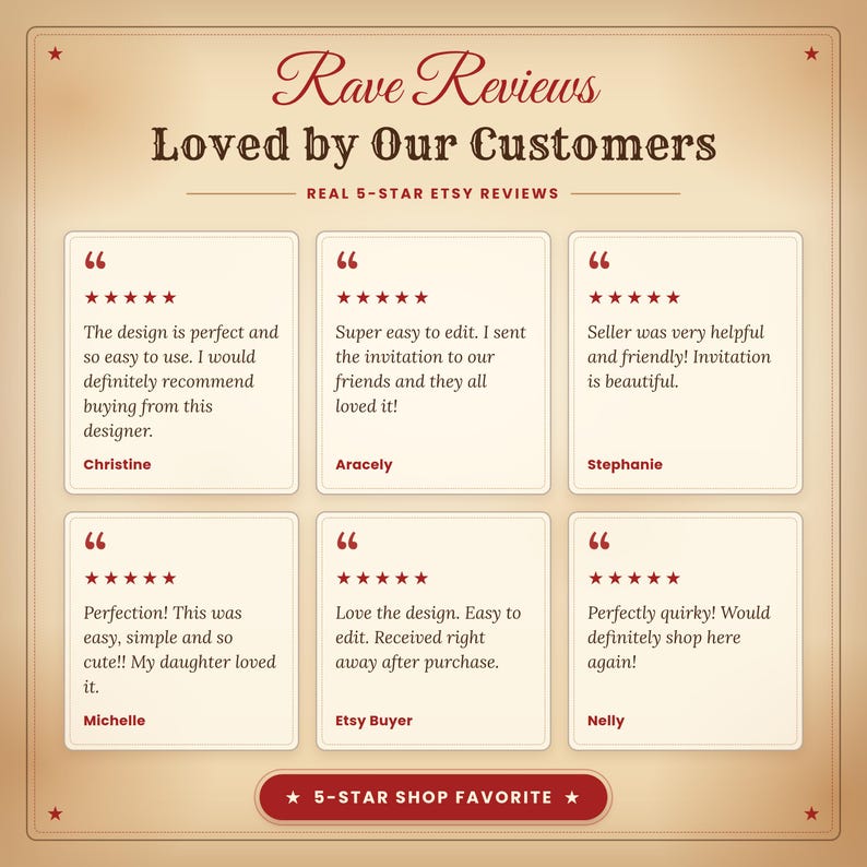 Real five-star Etsy reviews for PR Creative Digital invitations, praising easy Canva editing, beautiful designs and helpful service