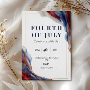Luxury patriotic invitation template with refined red white and blue abstract design for elegant Fourth of July celebrations
