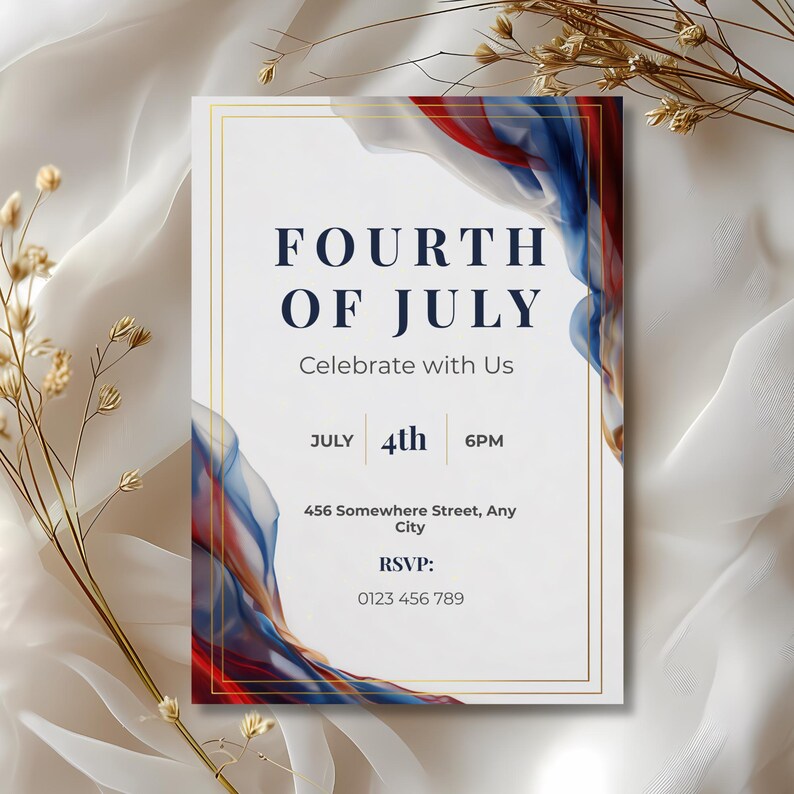 Luxury patriotic invitation template with refined red white and blue abstract design for elegant Fourth of July celebrations