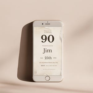 Editable 90th birthday invitation shown on mobile phone, Canva template for men, instant download digital party invite