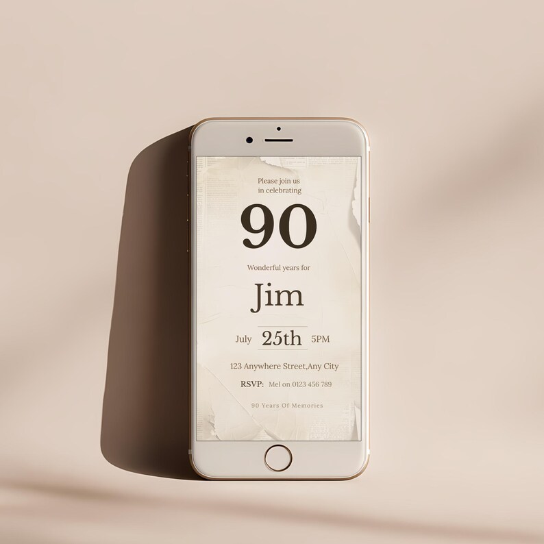 Editable 90th birthday invitation shown on mobile phone, Canva template for men, instant download digital party invite